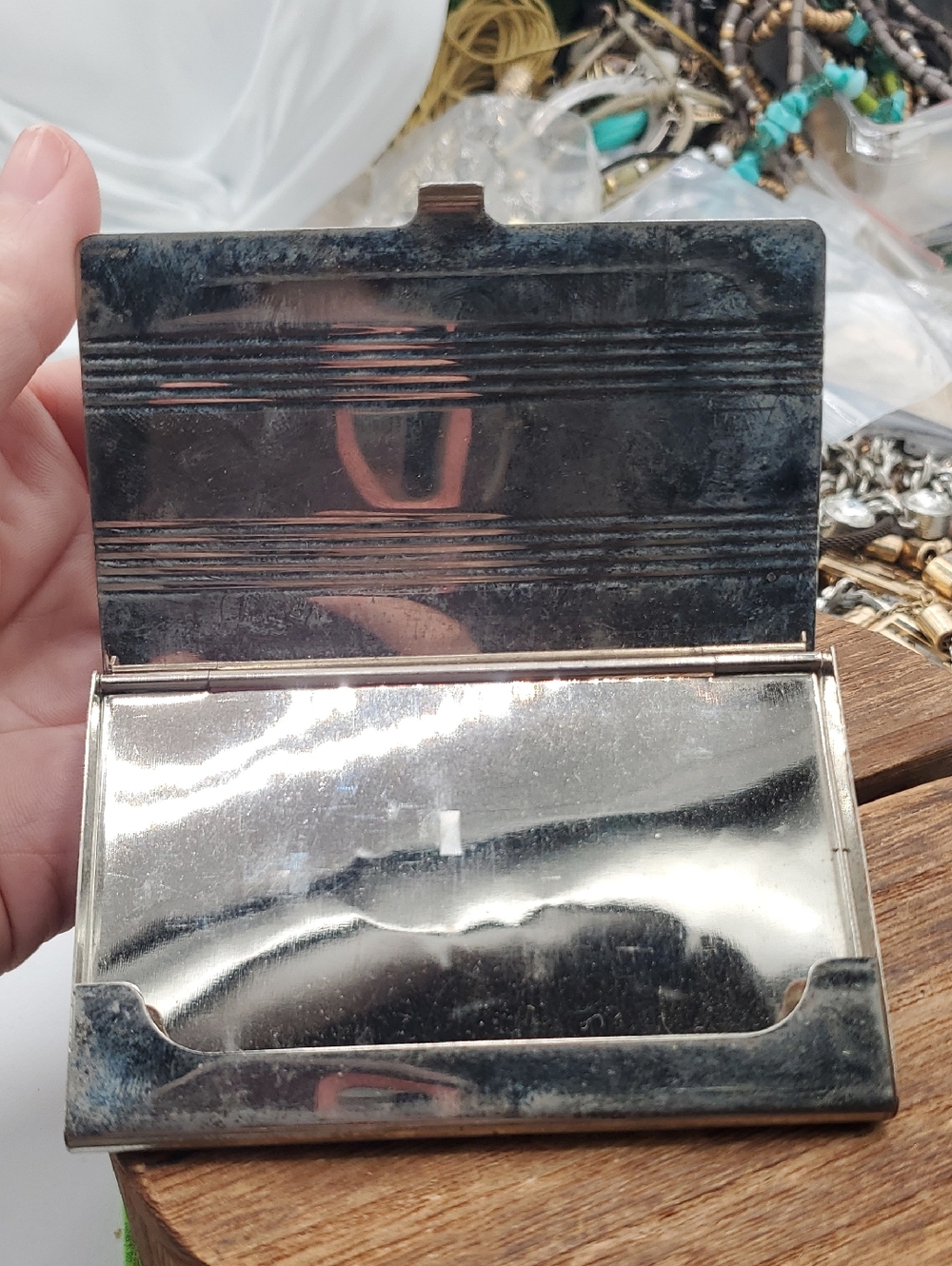 Vintage Silver Tone Metal Card Case - Mirror Finish Overflow